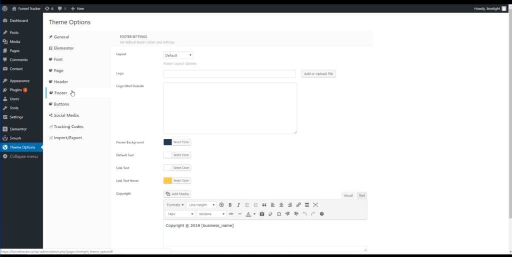 A screenshot of the options for the footer settings