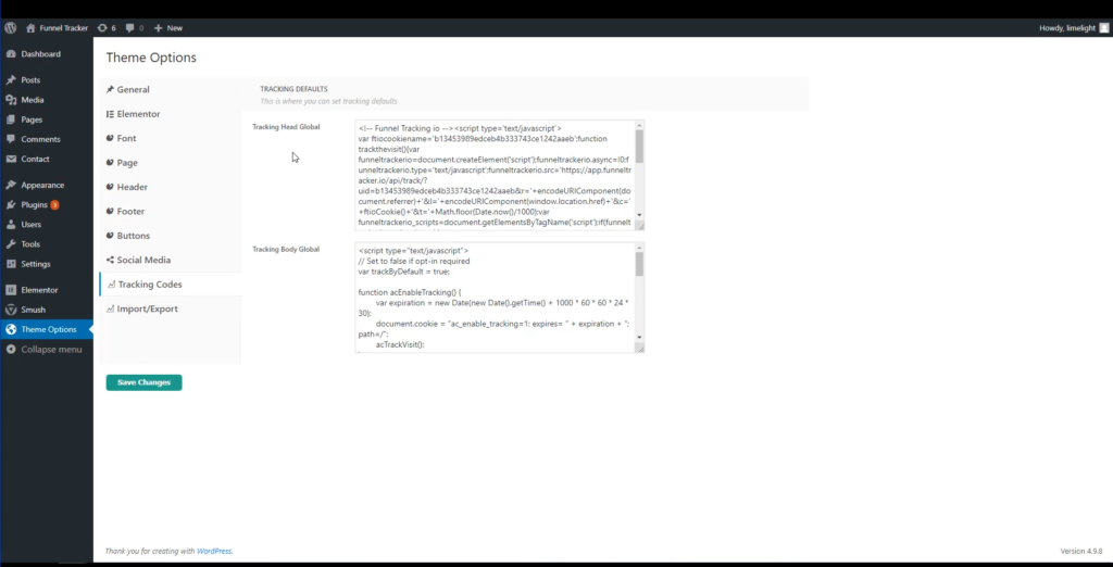 A screenshot of the global tracking code input fields in the Limelight Theme settings
