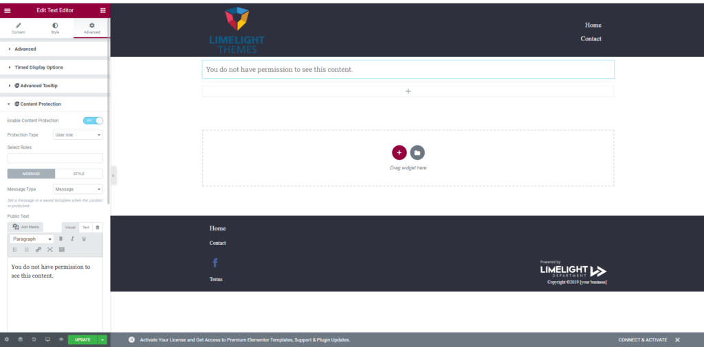 a screenshot of restricting single content blocks using Elementor