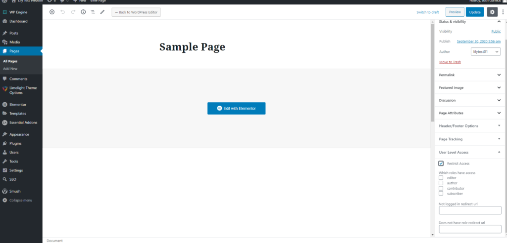 a screenshot of a single page's user access settings