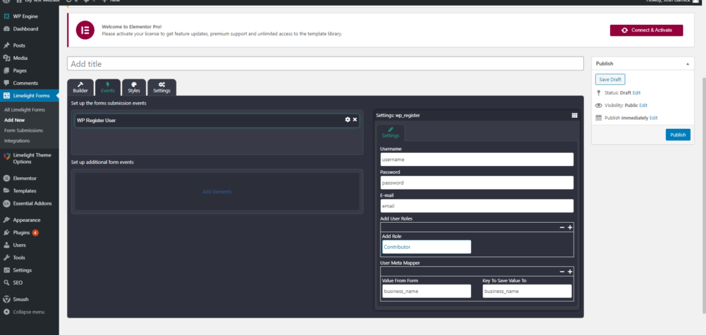 the second tab of the form builder for setting up events