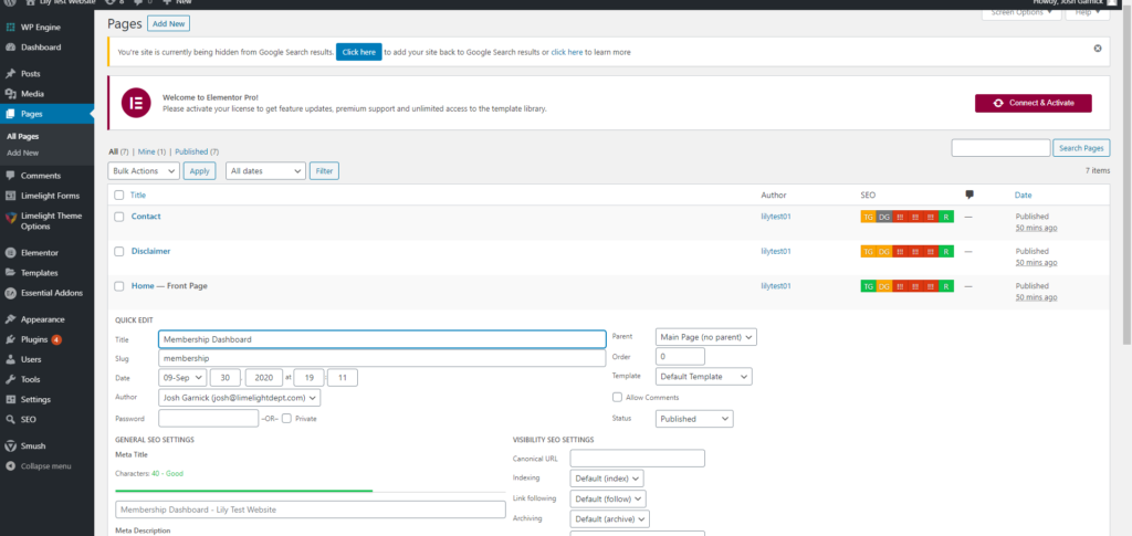 a screenshot of the quick edit options for a page, including how to add a parent page