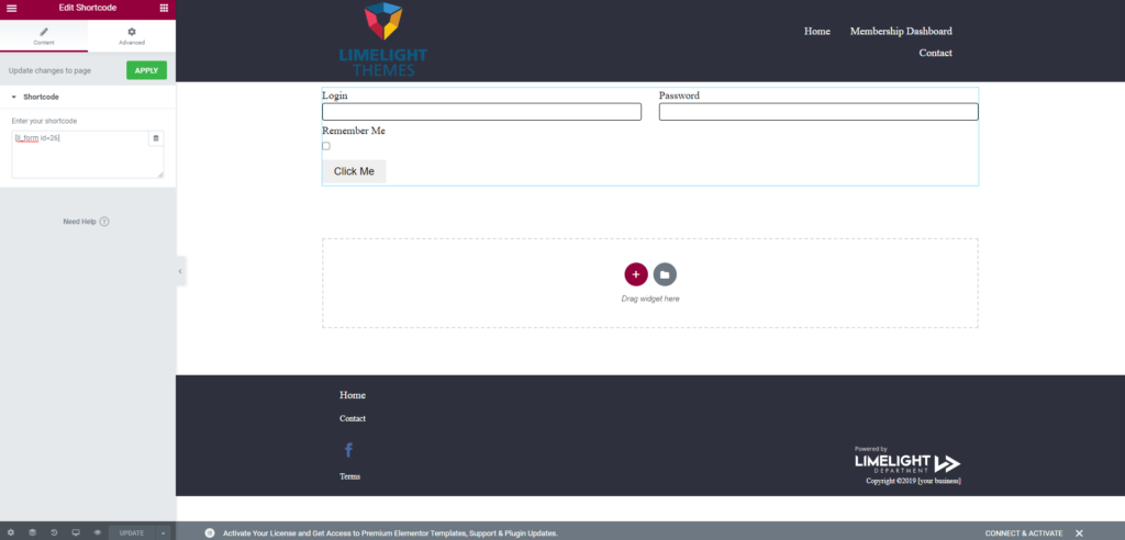 a screenshot of the Elementor Shortcode widget, where you past the code from the form