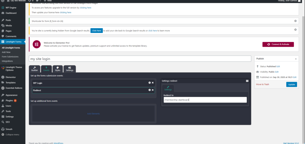 a screenshot of the redirect option to set a link for users to be redirected to after finishing the form
