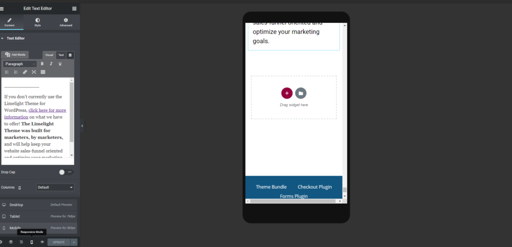 a screenshot of the mobile preview version of a website being edited with elementor