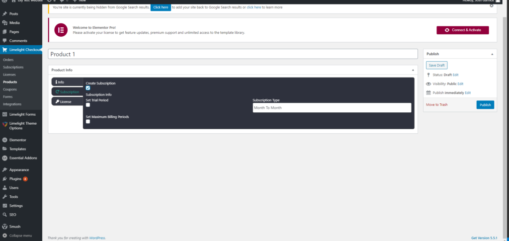 a screenshot of the subscription tab of the limelight checkout