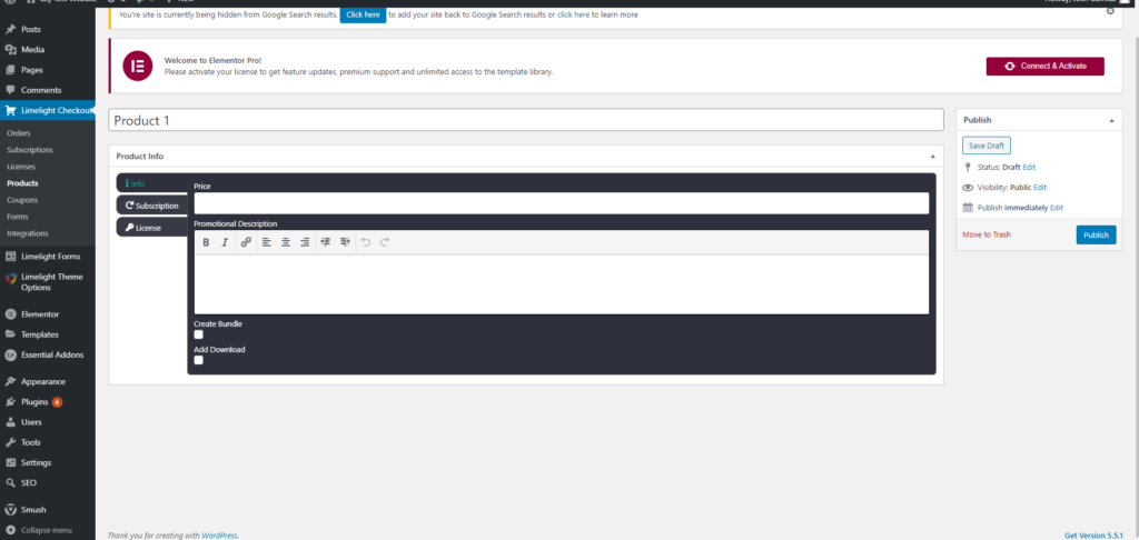 a screenshot of the limelight checkout tab to create a new product