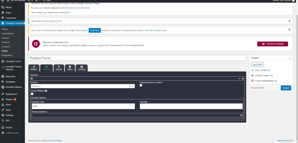 a screenshot of the second tab of the form where you can pick which product to sell