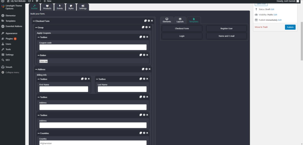 a screenshot of the checkout form template
