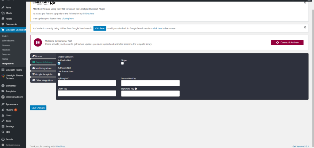 a screenshot of the integrations tab to turn on different payment types